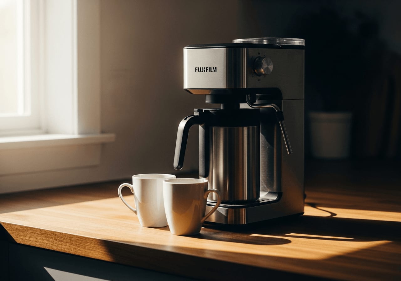 Moderne Edelstahl-Filterkaffeemaschine mit Thermoskanne auf einer hölzernen Küchentheke, daneben zwei weiße Keramiktassen, Morgenlicht