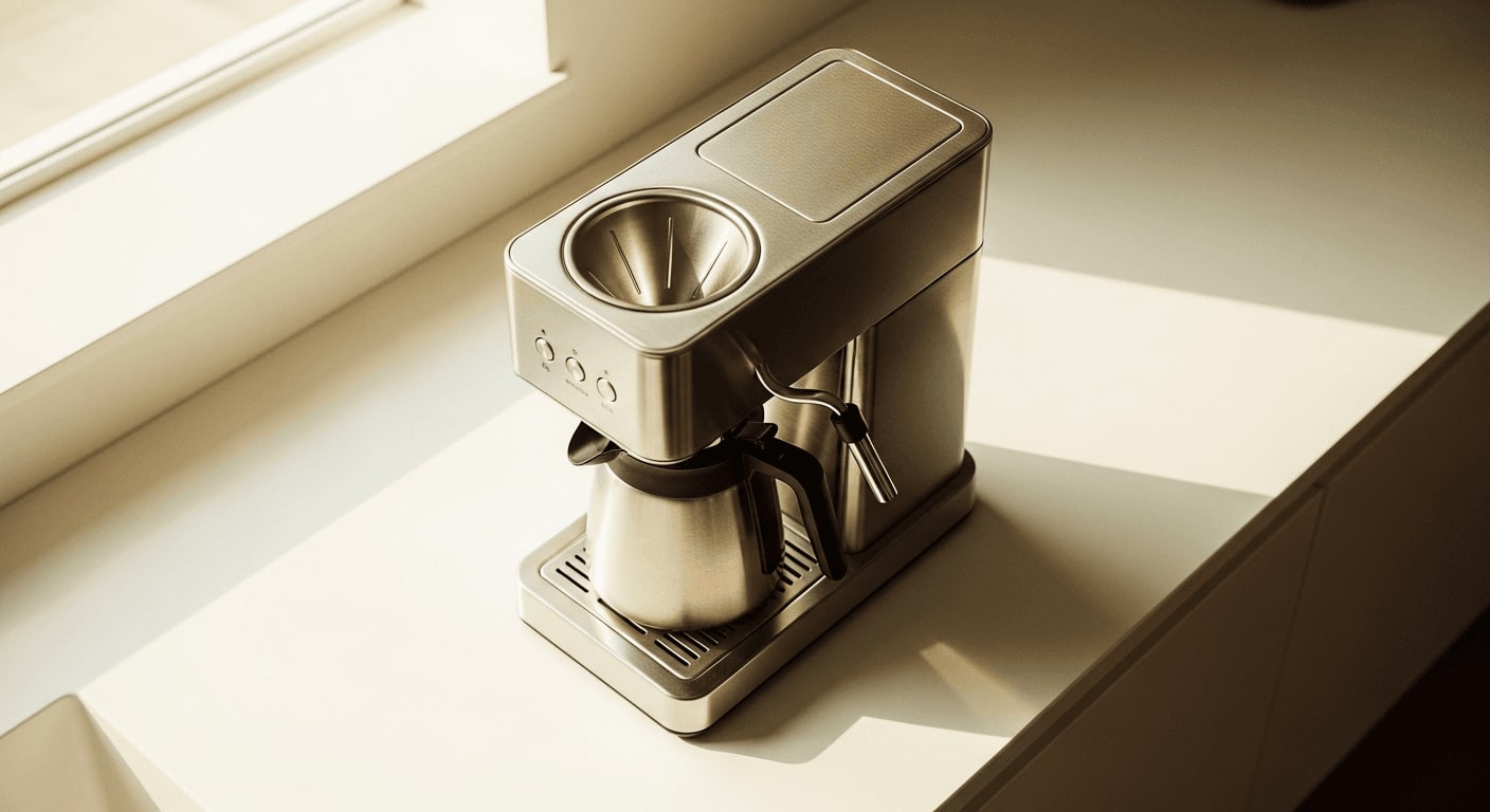 Top-down view of a modern stainless steel filter coffee machine with a thermal carafe on a minimalist kitchen counter