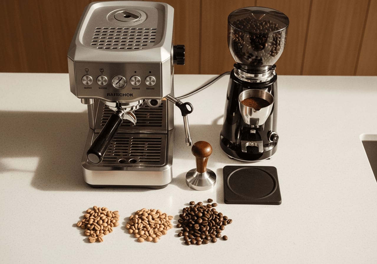 Draufsicht auf ein Home-Barista-Setup mit Espressomaschine, Mühle, Tamper und verschiedenen Kaffeebohnen in einer minimalistischen Küche