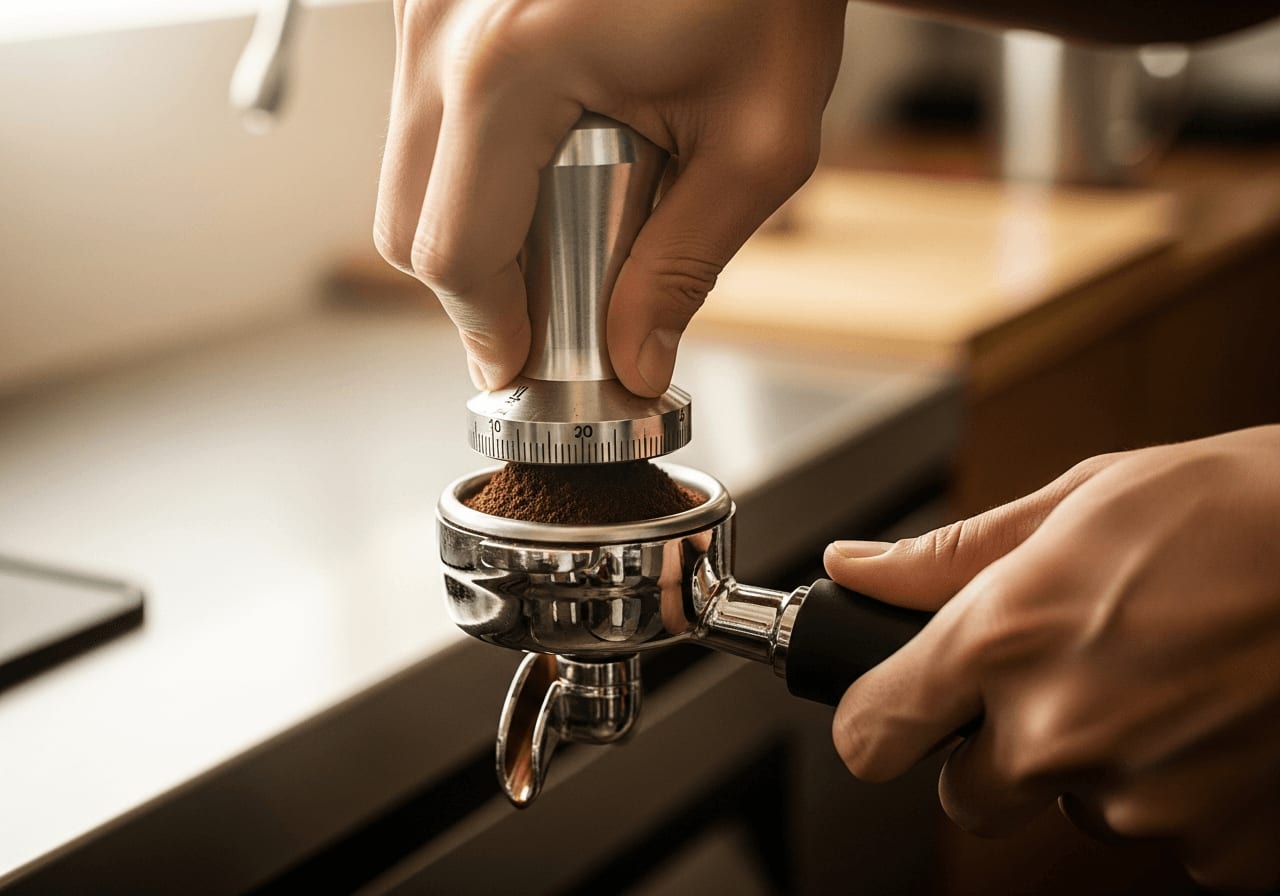 Nahaufnahme der Hände eines Barista, der mit einem kalibrierten Tamper Kaffeemehl gleichmäßig in einem Siebträger verdichtet, professionelle Küchenumgebung, geringe Schärfentiefe