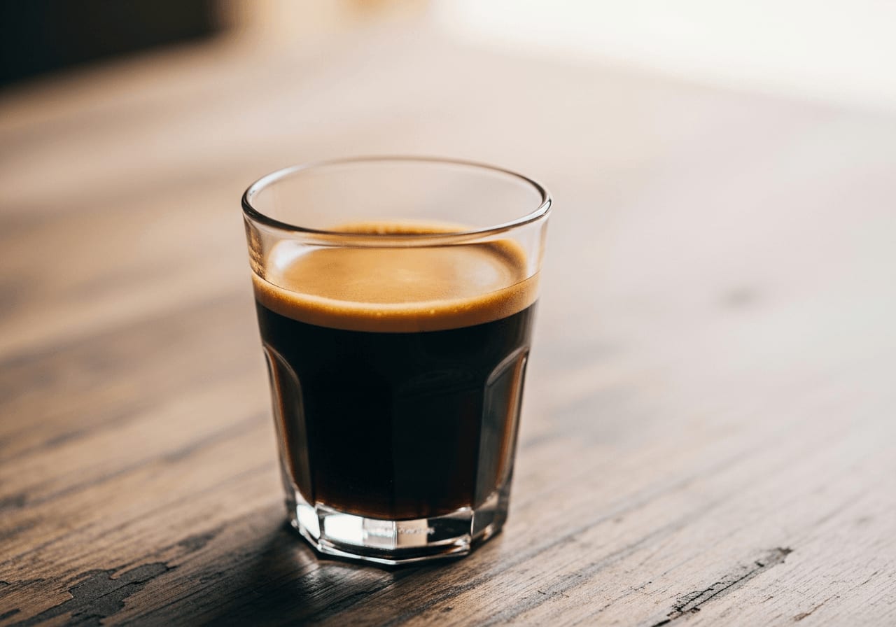 Espresso mit sehr dunkler, fast schwarzer Crema, die auf Überextraktion hinweist, verbranntes Aussehen