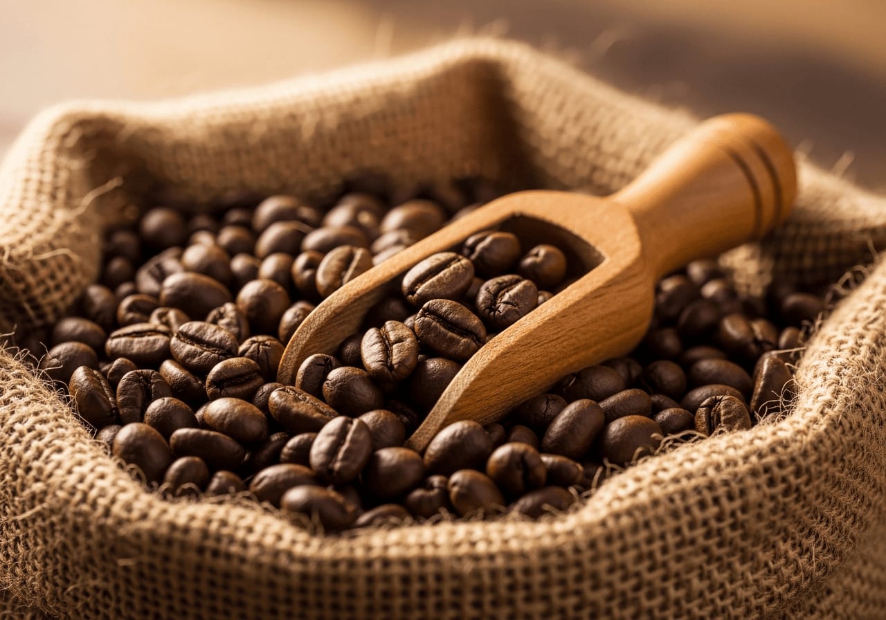 Nahaufnahme eines Jutesacks gefüllt mit Single Estate Kaffeebohnen, eine Holzkelle liegt obenauf, warmes Licht