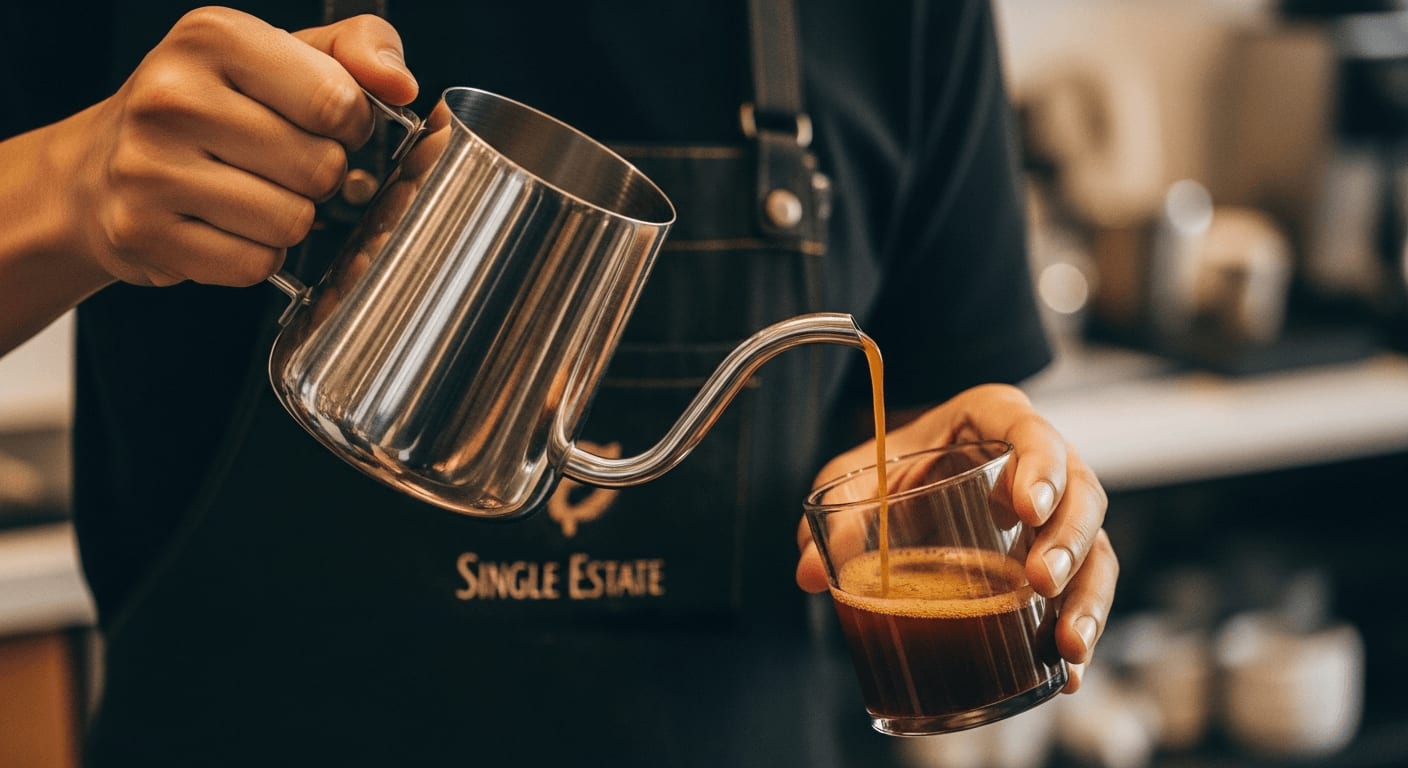 Barista gießt Single Estate Kaffee vorsichtig in Zeitlupe ein, kinoreifer Stil, warme Farben