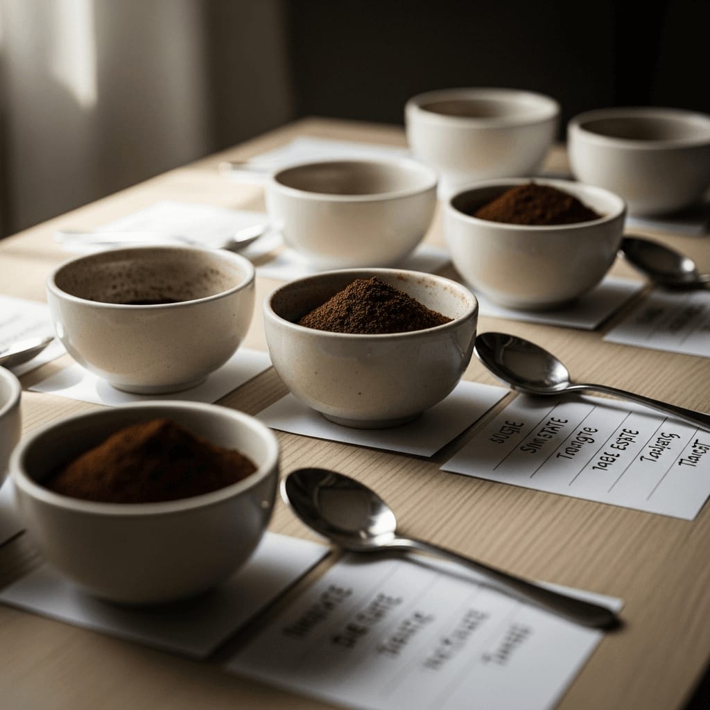 Nahaufnahme einer Cupping-Session mit verschiedenen Single Estate Kaffees in kleinen Schalen, Löffeln und Geschmacksnotizen, helles Licht