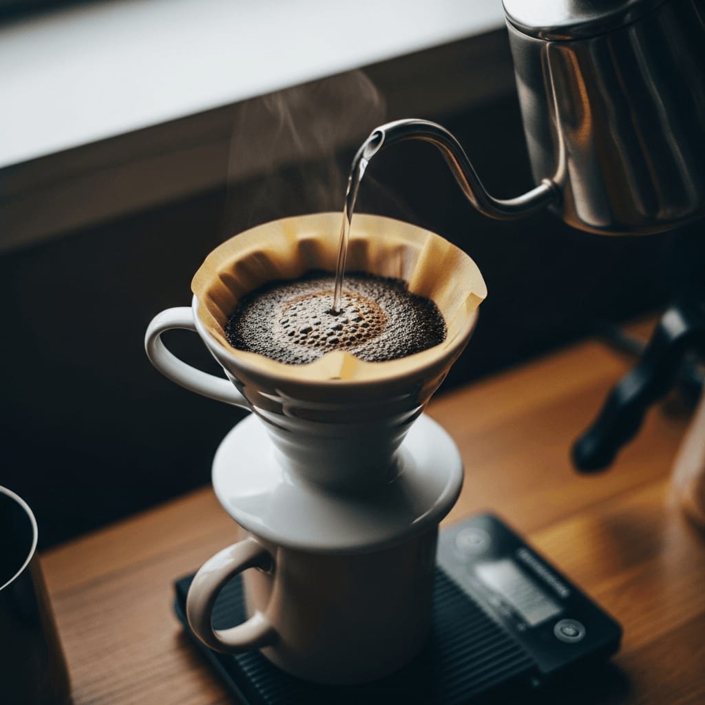 Pour-over-Brühmethode mit einem V60-Filter und Single Estate Kaffee, Betonung des langsamen und sorgfältigen Prozesses, minimalistisches Setup