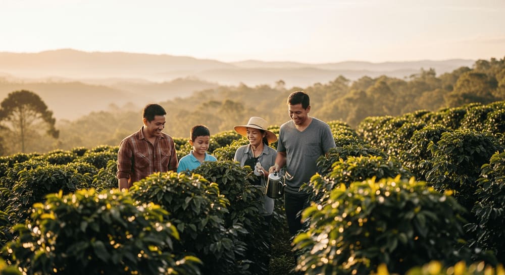 Weitaufnahme einer Kaffeebauernfamilie, die gemeinsam auf ihrer nachhaltigen Kaffeefarm arbeitet, Lächeln, warmes Sonnenlicht, natürliche Umgebung