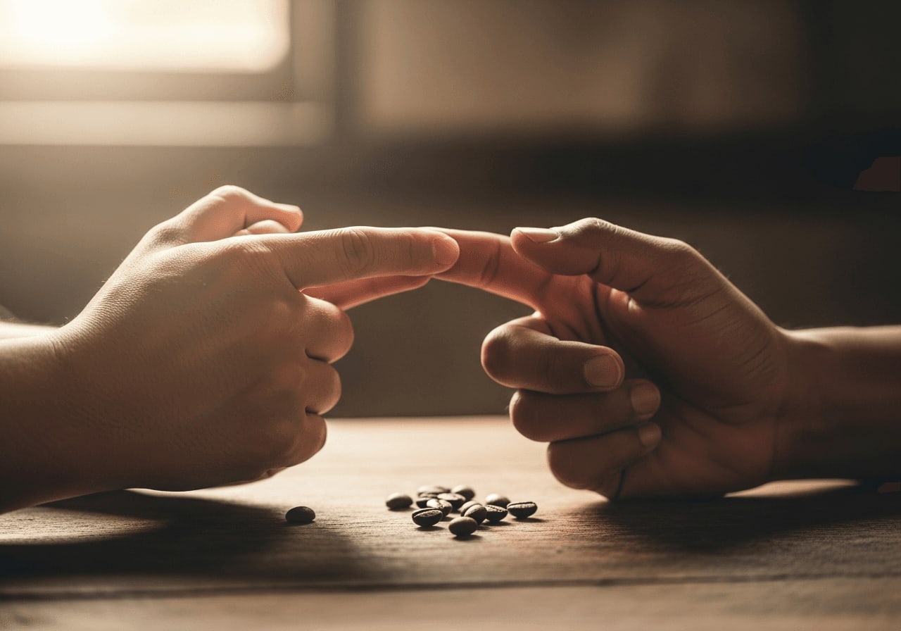 Händeschütteln als Zeichen der Übereinkunft über eine Kaffeeernte, Fair-Trade-Konzept, Nahaufnahme