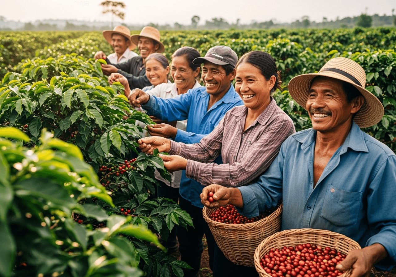 Gruppe von Kaffeebauern, die lächeln und gemeinsam auf einer Kaffeeplantage arbeiten, Stärkung der Gemeinschaft