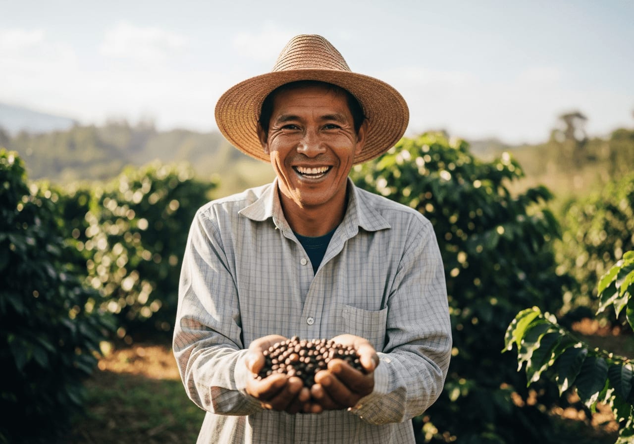 Kaffeebauer erhält einen fairen Preis für seine Kaffeebohnen, Direct-Trade-Konzept, lächelnd, sonniger Tag