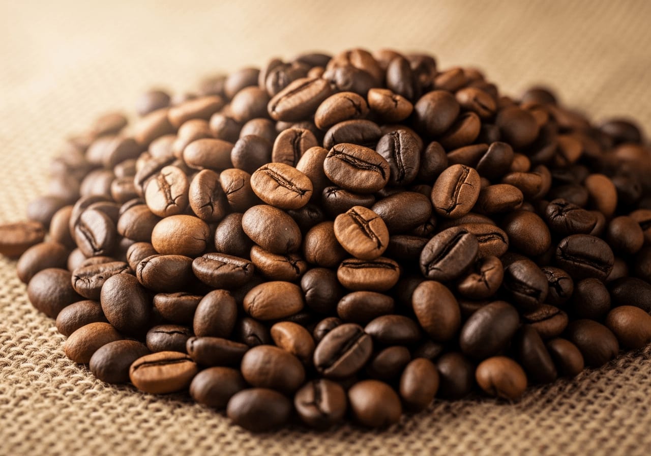 Verschiedene Röstgrade von Kaffeebohnen auf einem Jutesack