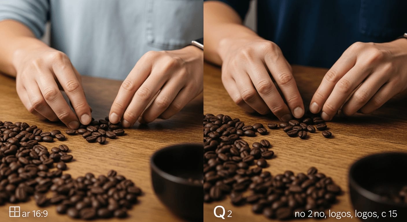 Draufsicht auf Hände, die geröstete Kaffeebohnen auf einem Holztisch sortieren, mit Röstgrad-Mustern, weiches Licht