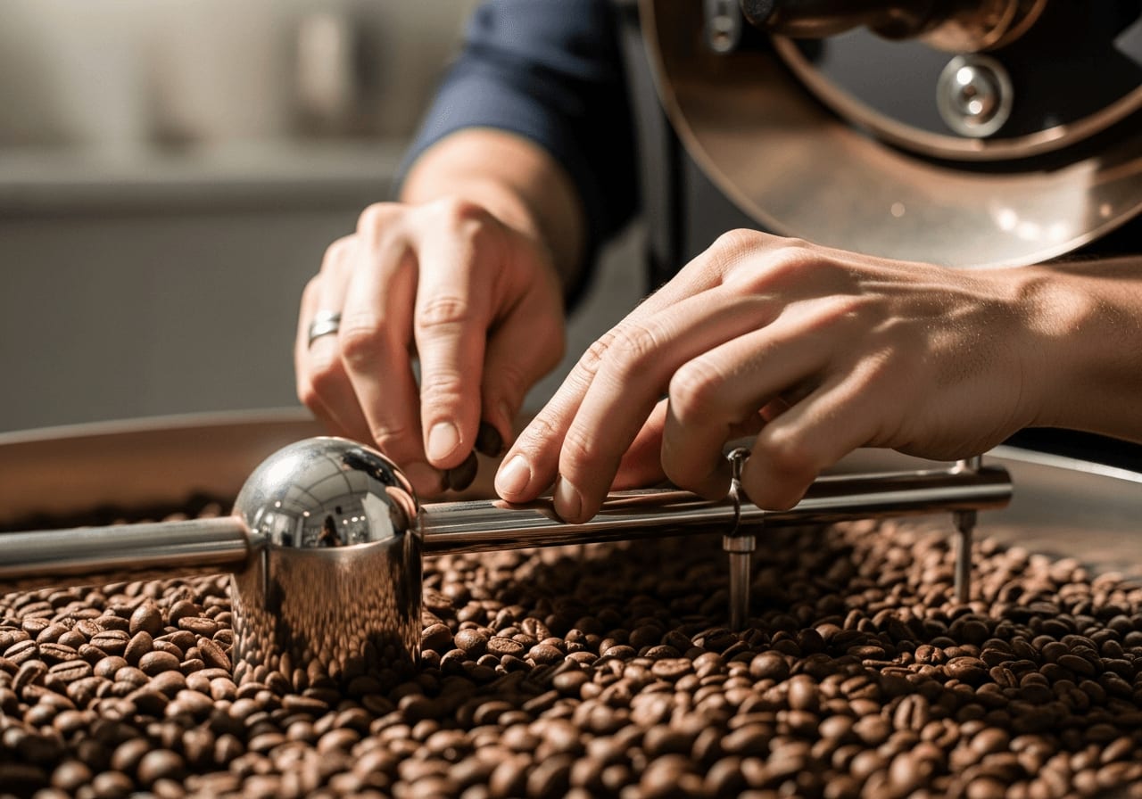 Nahaufnahme eines Kaffeerösters, der die Farbe der Kaffeebohnen während des Röstvorgangs prüft