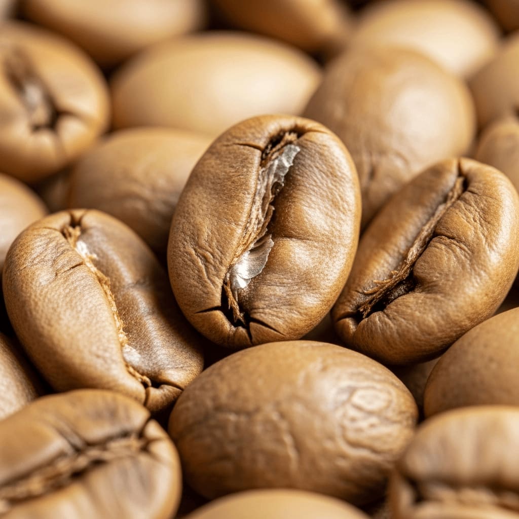 Nahaufnahme von hell gerösteten Kaffeebohnen, die ihre Farbe und Textur hervorheben