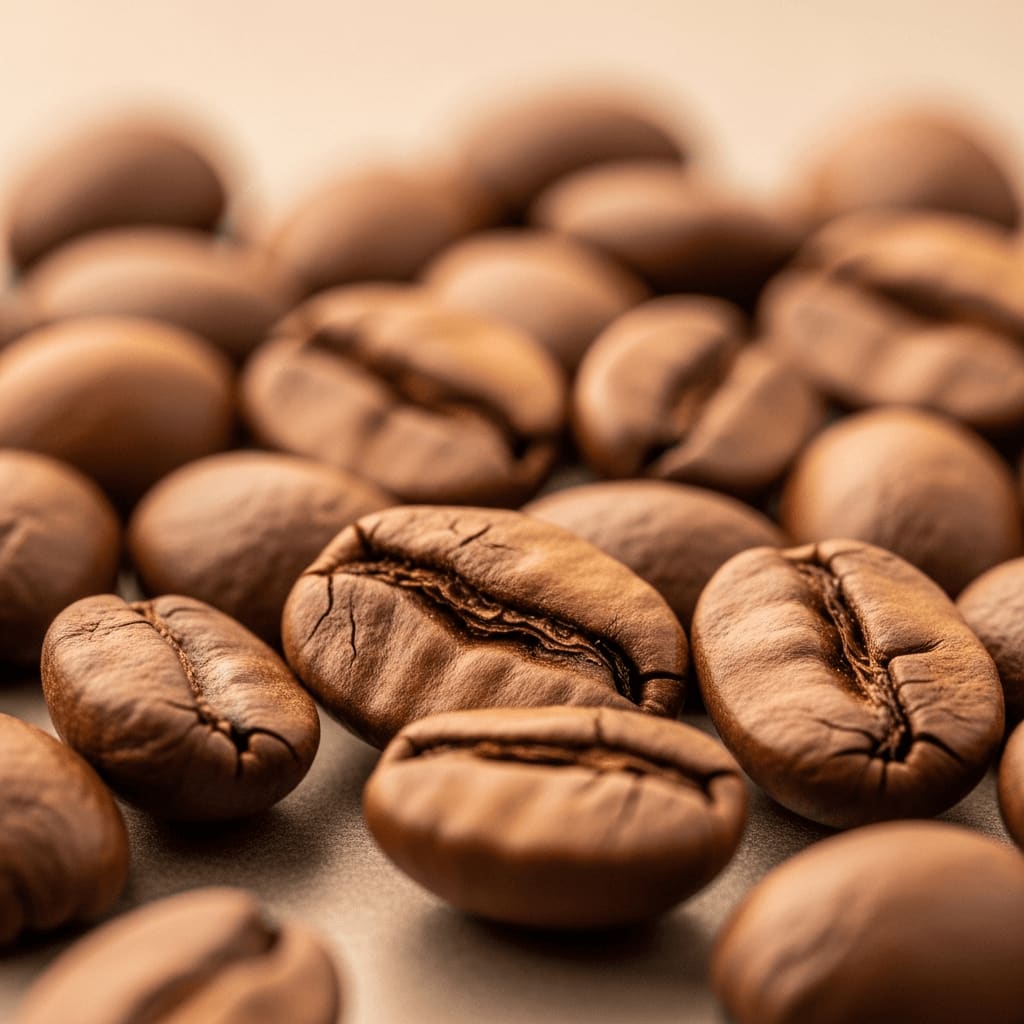 Nahaufnahme von mittel gerösteten Kaffeebohnen, die ihre Farbe und Textur hervorheben