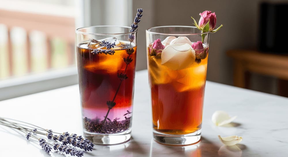 Elegante Anordnung von Cold Brew Kaffee Gläsern, eines mit Lavendel und das andere mit Rosenblättern, auf einer Marmorarbeitsplatte, weiches Licht, Frühlingsgefühl