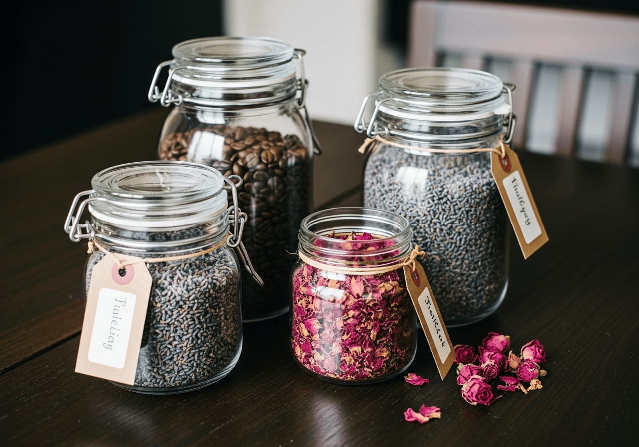 Glasbehälter mit Etiketten auf einem Holztisch.