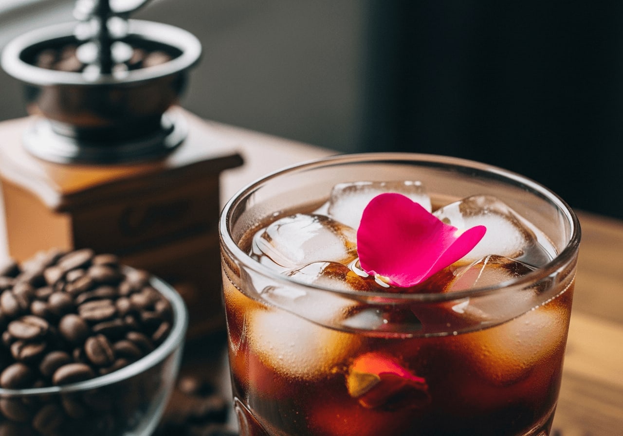 Nahaufnahme eines Glases gefüllt mit Rosen-infundiertem Cold Brew, Eiswürfeln und einem frischen Rosenblatt, mit einem verschwommenen Hintergrund von Kaffeebohnen und einer Kaffeemühle.