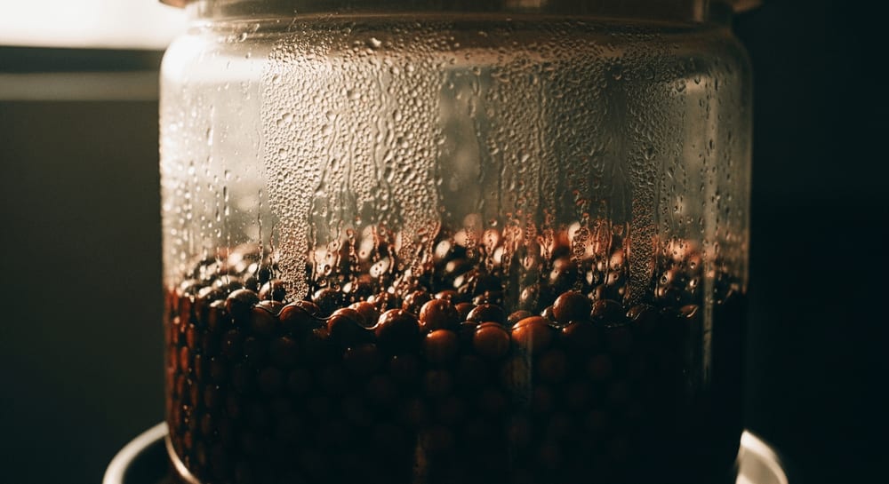 Kaffeekirschen fermentieren in einem versiegelten Behälter, Kondensation sichtbar, stimmungsvolle Beleuchtung