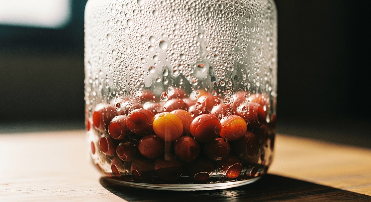Kaffeekirschen fermentieren in einem versiegelten Behälter, Kondensation sichtbar, stimmungsvolle Beleuchtung