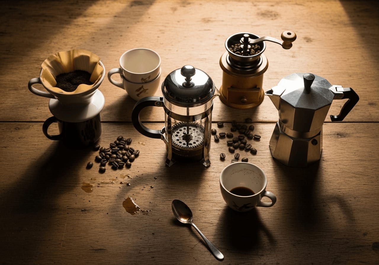Verschiedene Kaffeezubereitungswerkzeuge und -geräte auf einem Holztisch, darunter French Press, Pour-Over-Dripper und Moka-Kanne