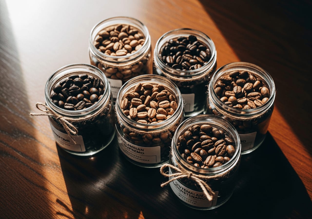 Verschiedene Single-Origin-Kaffeebohnen in kleinen Glasbehältern auf dunkler Holzoberfläche, Etiketten mit Herkunftsangabe.