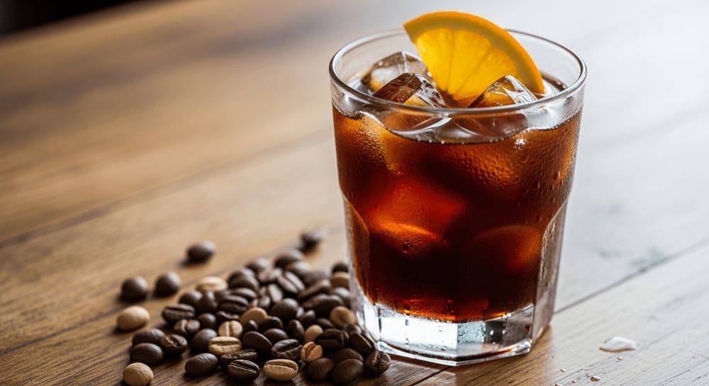 Ein Glas Cold Brew Kaffee mit Eiswürfeln und Orangenscheibe auf einem Holztisch, Kaffeebohnen verstreut.