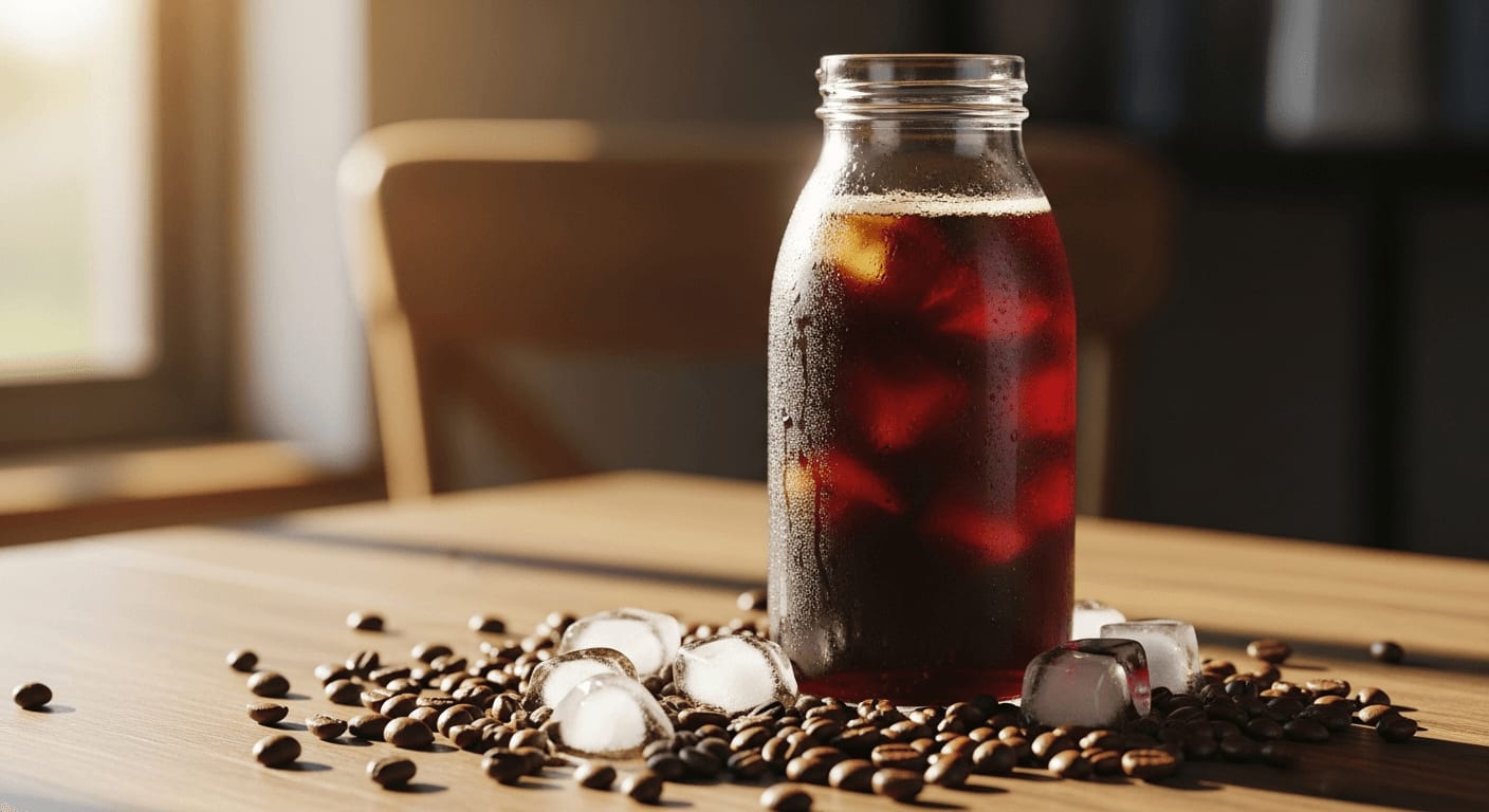 Eine Glasflasche Cold Brew Kaffee auf einem rustikalen Holztisch, umgeben von Kaffeebohnen und Eiswürfeln, sanftes Sonnenlicht scheint durch ein Fenster.