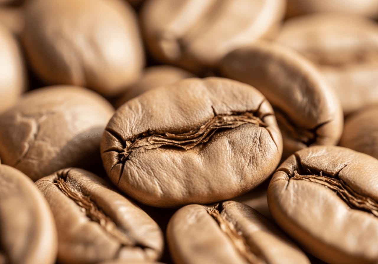 Nahaufnahme von äthiopischen Yirgacheffe-Kaffeebohnen, die ihre helle Röstung und einzigartige Textur zeigen, Makrofotografie, sanfter Fokus.