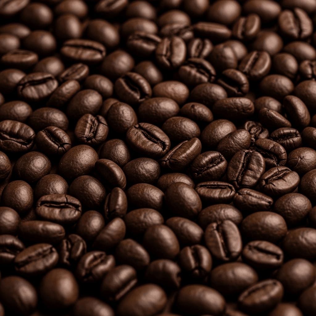 Nahaufnahme von Sumatran Mandheling Kaffeebohnen, die ihre dunkle, ölige Oberfläche zeigen.