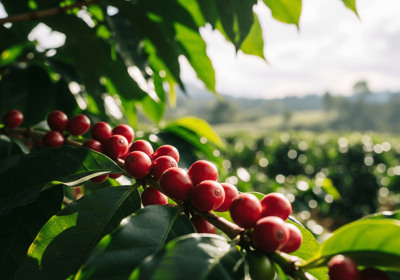 Kaffeekirschen an einem Zweig mit saftig grünen Blättern, Sonnenlicht, Plantagenhintergrund