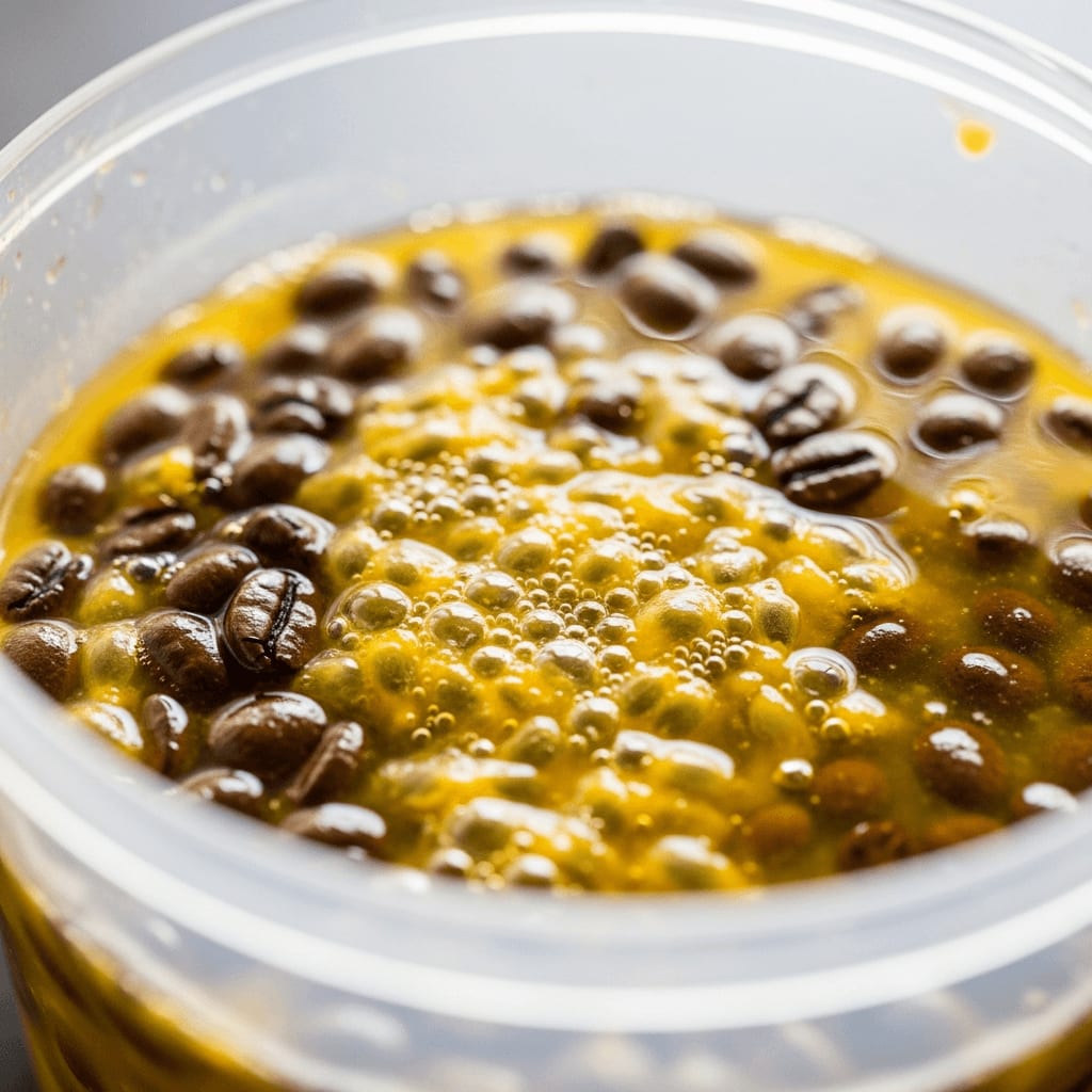 Kaffeebohnen fermentieren mit Maracujamark in einem Plastikbehälter, helle, lebendige Farben, Nahaufnahme