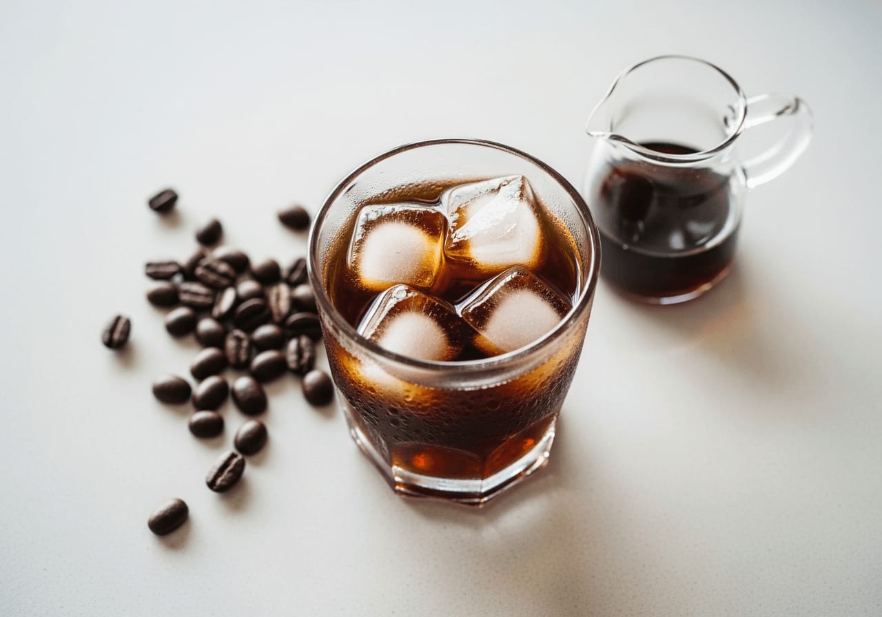 Draufsicht eines Glases Cold Brew Kaffee mit Eis, Kaffeebohnen und einer kleinen Karaffe auf einer hellen Küchentheke