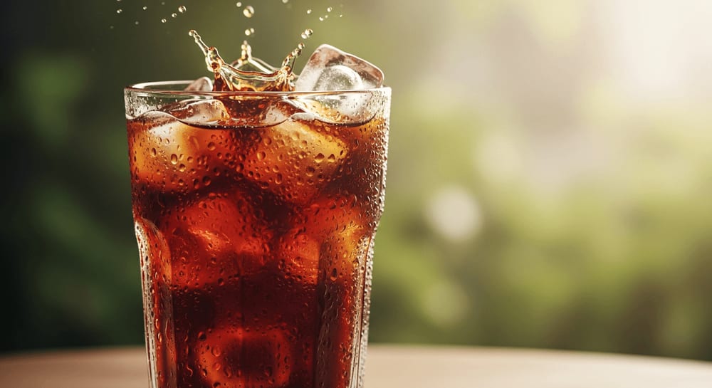 Nahaufnahme eines erfrischenden Glases Cold Brew Kaffee mit Eiswürfeln, Kondensation auf dem Glas, sommerliche Stimmung