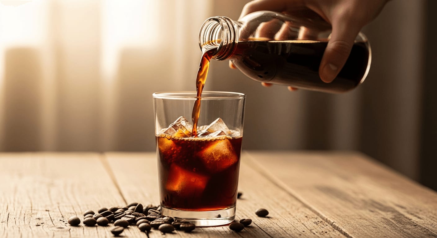Nahaufnahme einer Hand, die Cold Brew Kaffee aus einer Glasflasche in ein Glas mit Eis gießt, Kaffeebohnen sind auf einer Holzoberfläche verstreut, natürliches Licht