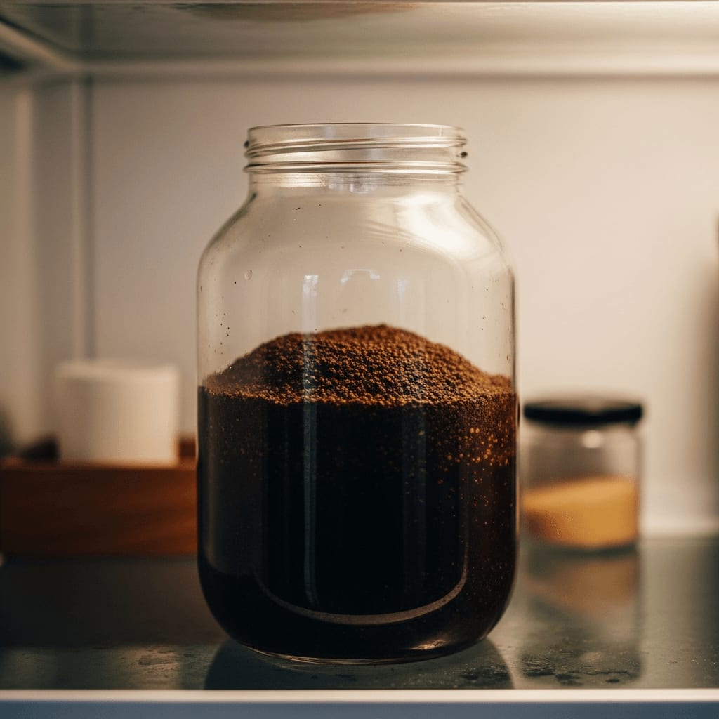 Cold Brew, der in einem großen Glas mit Kaffeepulver zieht, im Kühlschrank platziert, weiche Beleuchtung