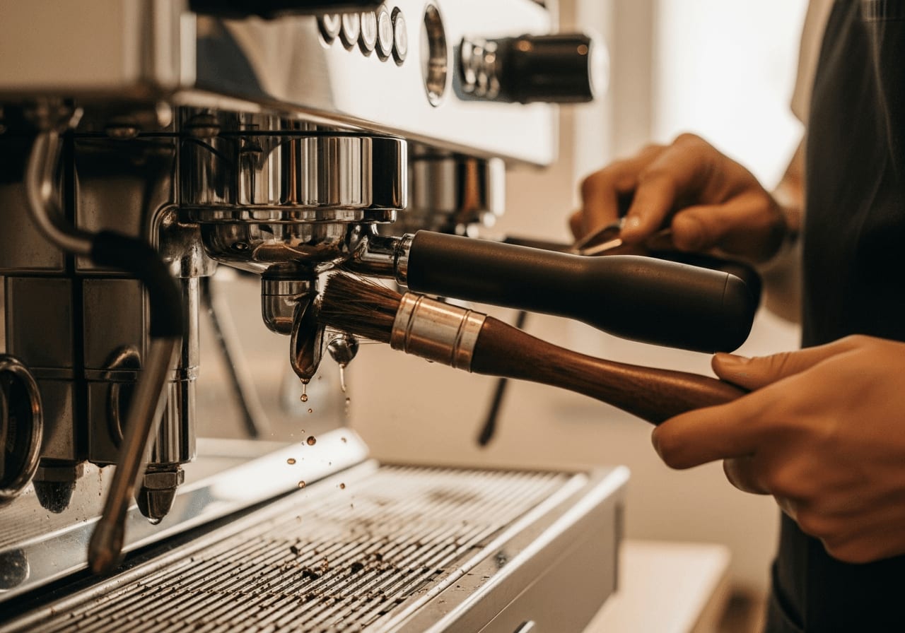 Nahaufnahme einer Kaffeemaschine, die mit einer Bürste gereinigt wird, Fokus auf den Reinigungsprozess, weiche Beleuchtung.