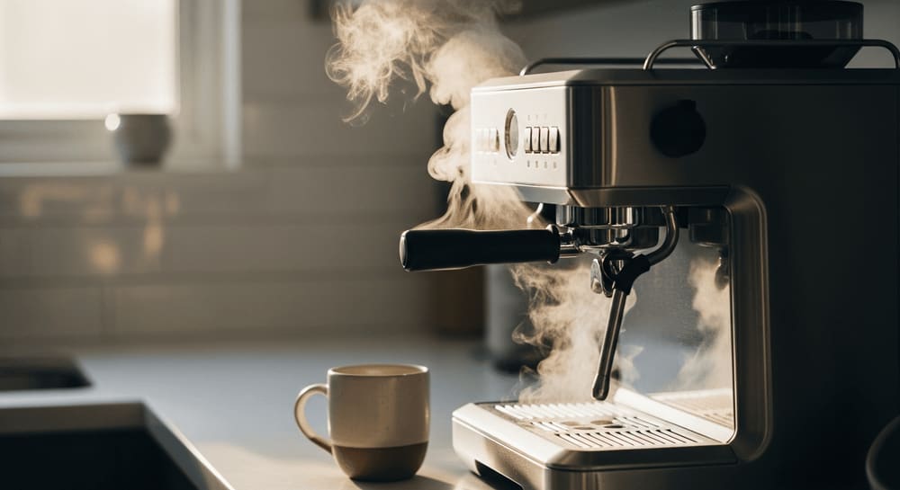 Dampf steigt von einer frisch gereinigten Kaffeemaschine auf, Morgenlicht strömt durch das Fenster, minimalistischer Küchenhintergrund.