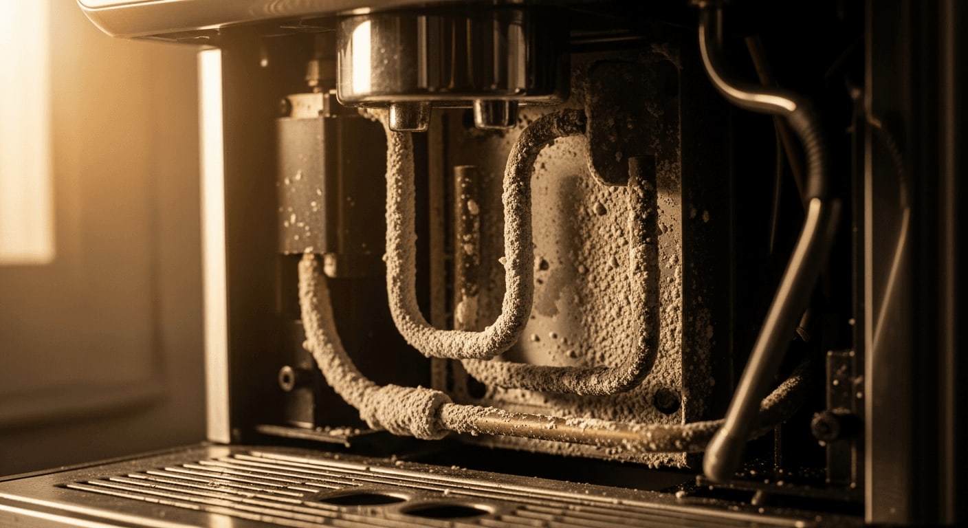 Makroaufnahme von Kalkablagerungen im Inneren einer Kaffeemaschine, dramatische Beleuchtung, die die Notwendigkeit der Reinigung hervorhebt.