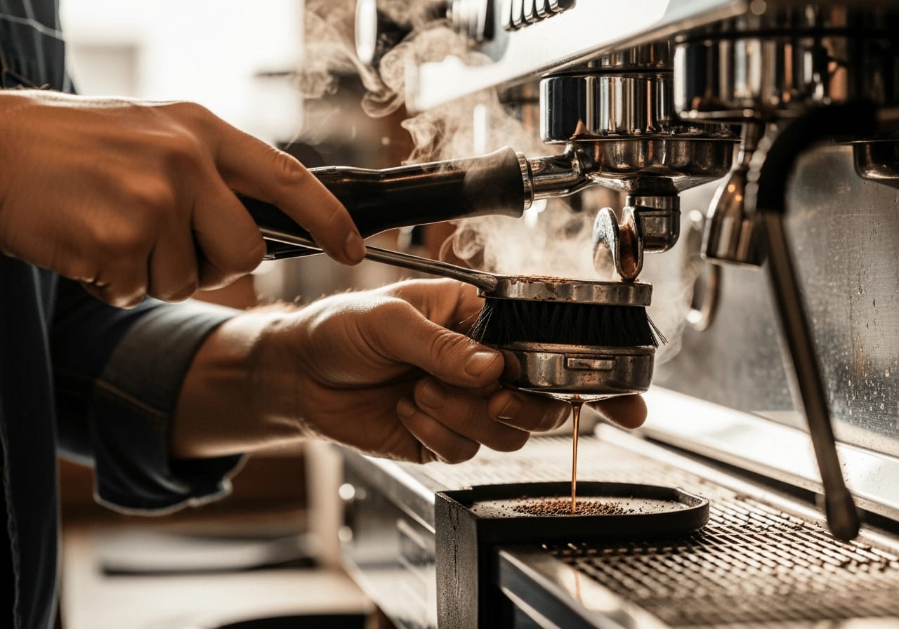 Nahaufnahme einer Person, die eine Brühgruppe einer Kaffeemaschine reinigt, Fokus auf der Bürste und dem Reinigungsprozess.