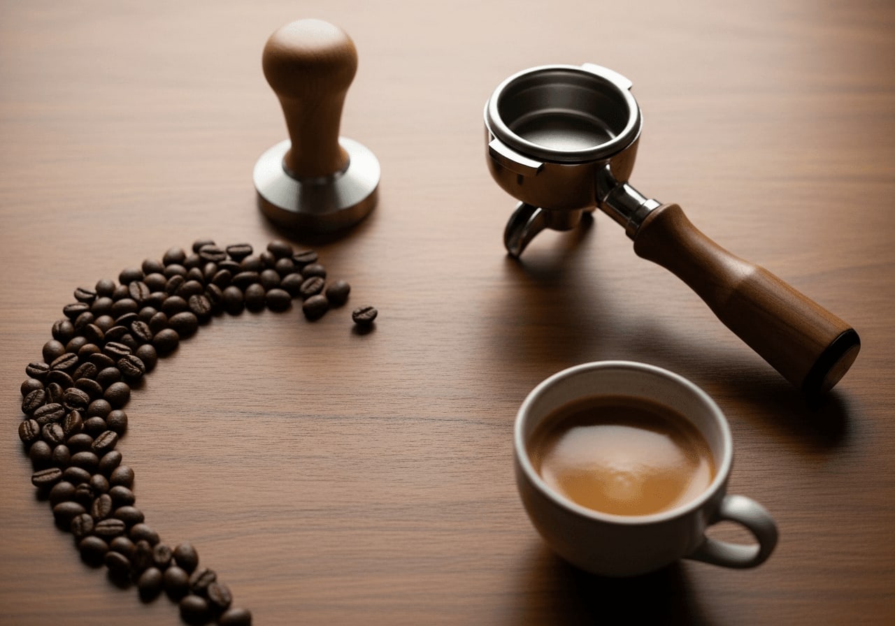 Draufsicht auf eine kuratierte Auswahl an gerösteten Kaffeebohnen, Tamper, Siebträger und einer Tasse frisch gebrühten Kaffee auf einer rustikalen Holzoberfläche.