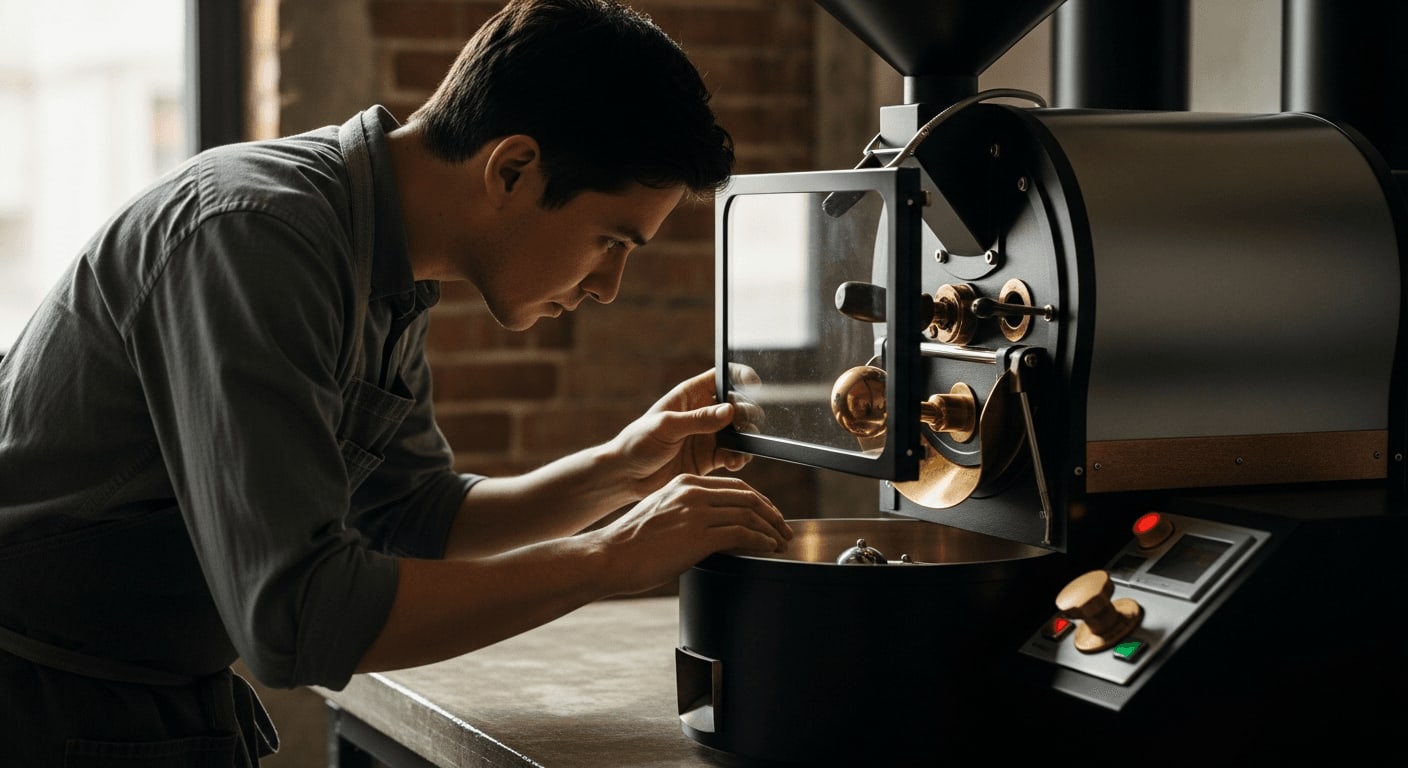 Eine Kleinserien-Kaffeerösterei, die den Röstvorgang sorgfältig durch eine Glasscheibe überwacht, warmes Umgebungslicht, industrielles Chic-Ambiente