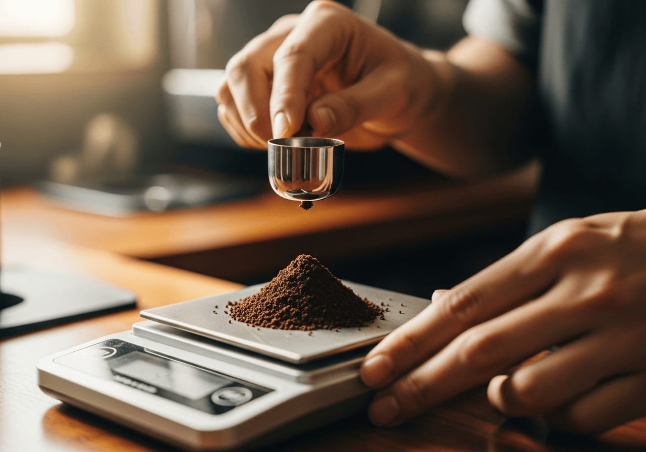 Nahaufnahme eines Barista, der sorgfältig frisch gemahlene Kaffeebohnen für einen Espresso abwiegt, weiches natürliches Licht, Fokus auf die Präzision.