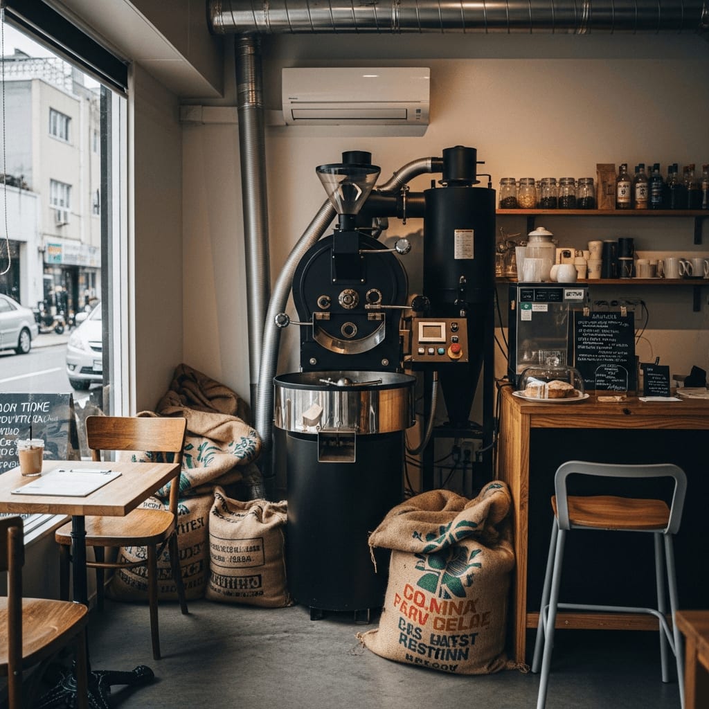 Innenansicht einer kleinen Kaffeerösterei, die die Röstmaschine und verschiedene Kaffeesäcke zeigt.