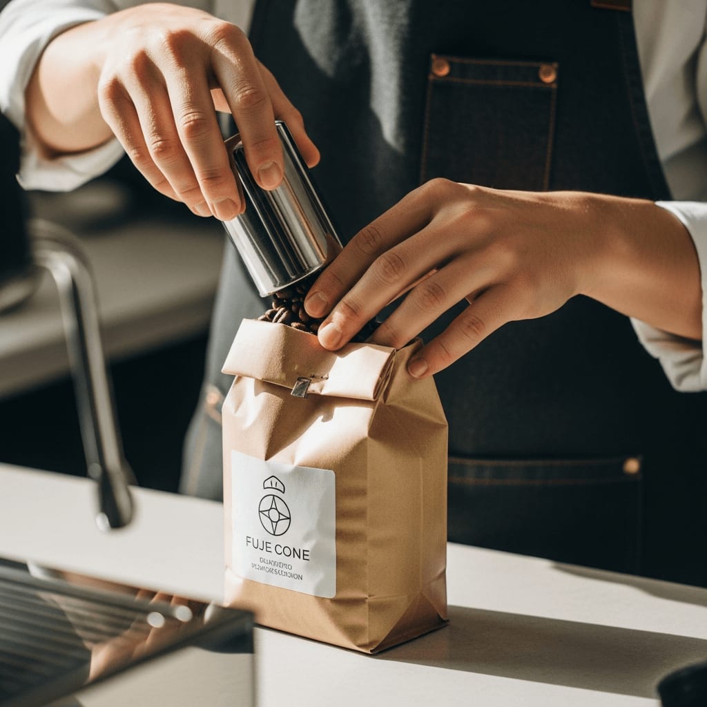 Ein Barista verpackt frisch geröstete Kaffeebohnen in eine Papiertüte und versiegelt sie sorgfältig.