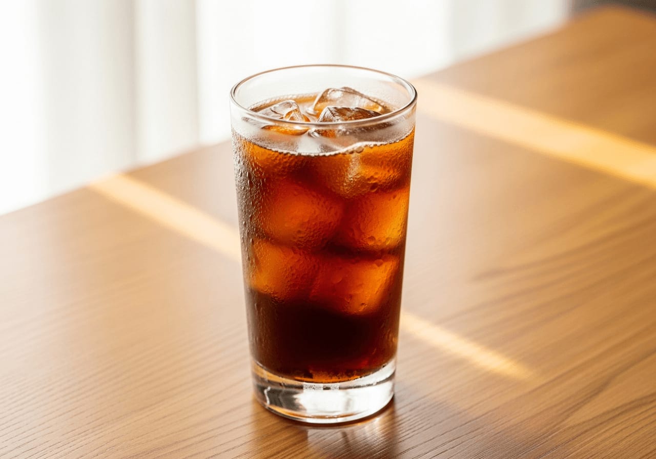 Nahaufnahme eines Glases Eiskaffee mit Kaffee-EiswÃ¼rfeln und Kondenswasser