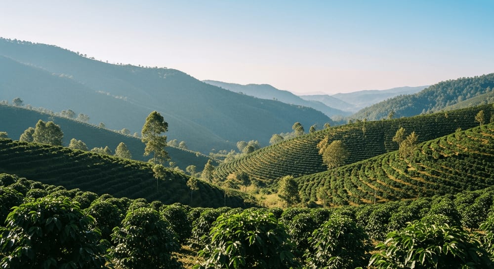 Malerische Aussicht auf eine Kaffeeplantage in einer Bergregion, mit verschiedenen Grüntönen der Vegetation, klarem blauem Himmel und weichem, diffusem Sonnenlicht.
