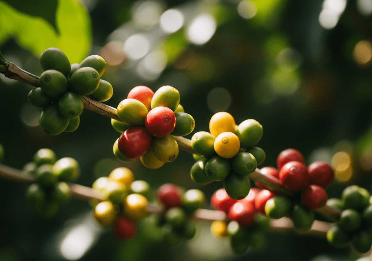 Nahaufnahme von Kaffeekirschen an einem Zweig, mit Sonnenlicht, das durch die Blätter dringt, und einer geringen Schärfentiefe.