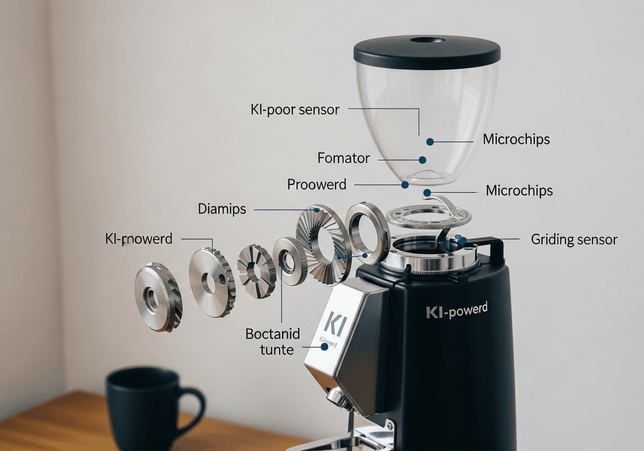 Explosionszeichnung einer KI-gesteuerten Kaffeemühle, die die verschiedenen Sensoren, Mikrochips und Mahlwerke zeigt.