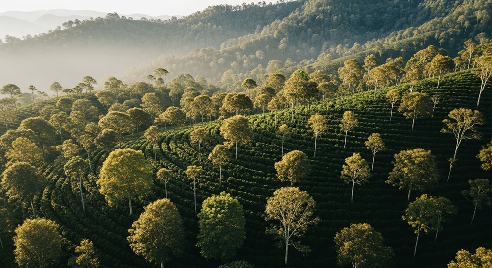 Luftaufnahme einer üppigen, nachhaltigen Kaffeeplantage in einer bergigen Landschaft, leuchtend grünes Blätterdach, verschiedene Bäume zwischen Kaffeepflanzen, Morgennebel.
