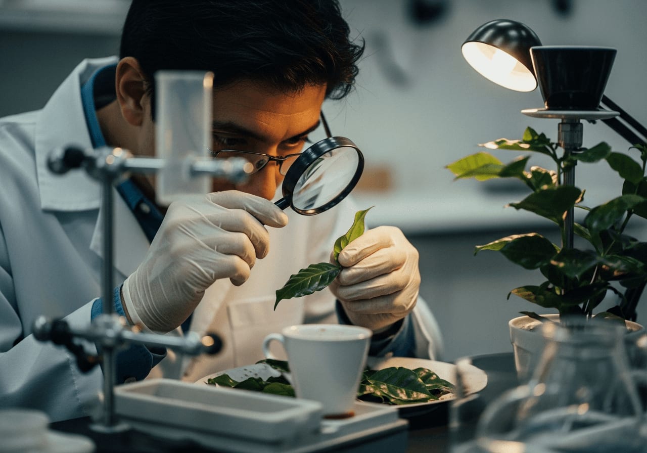Nahaufnahme eines Forschers, der Kaffeepflanzenblätter unter einem Vergrößerungsglas untersucht, Handschuhe und Laborkittel trägt, umgeben von wissenschaftlichen Geräten, sterile Laborumgebung, filmisch.